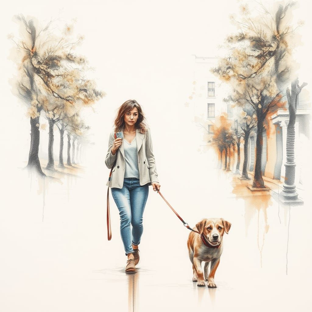 Double exposed portrait of a woman walking her dog, sketch, pencil and alcohol ink