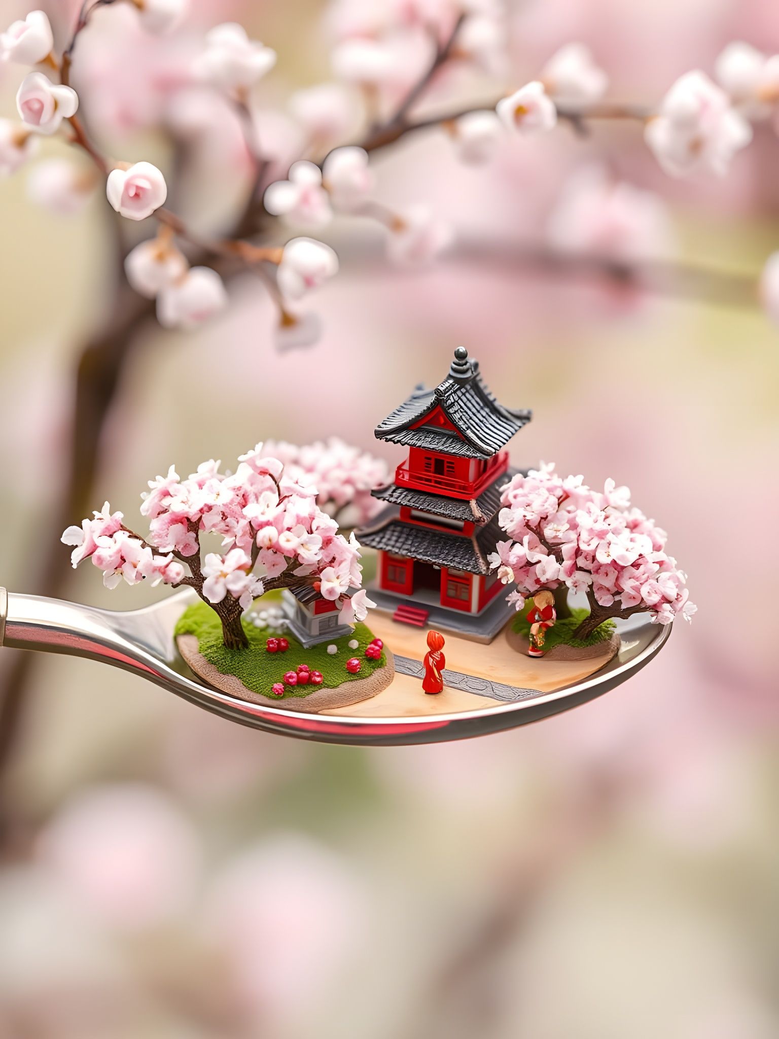 Miniature Japanese Village with Temple on a Spoon