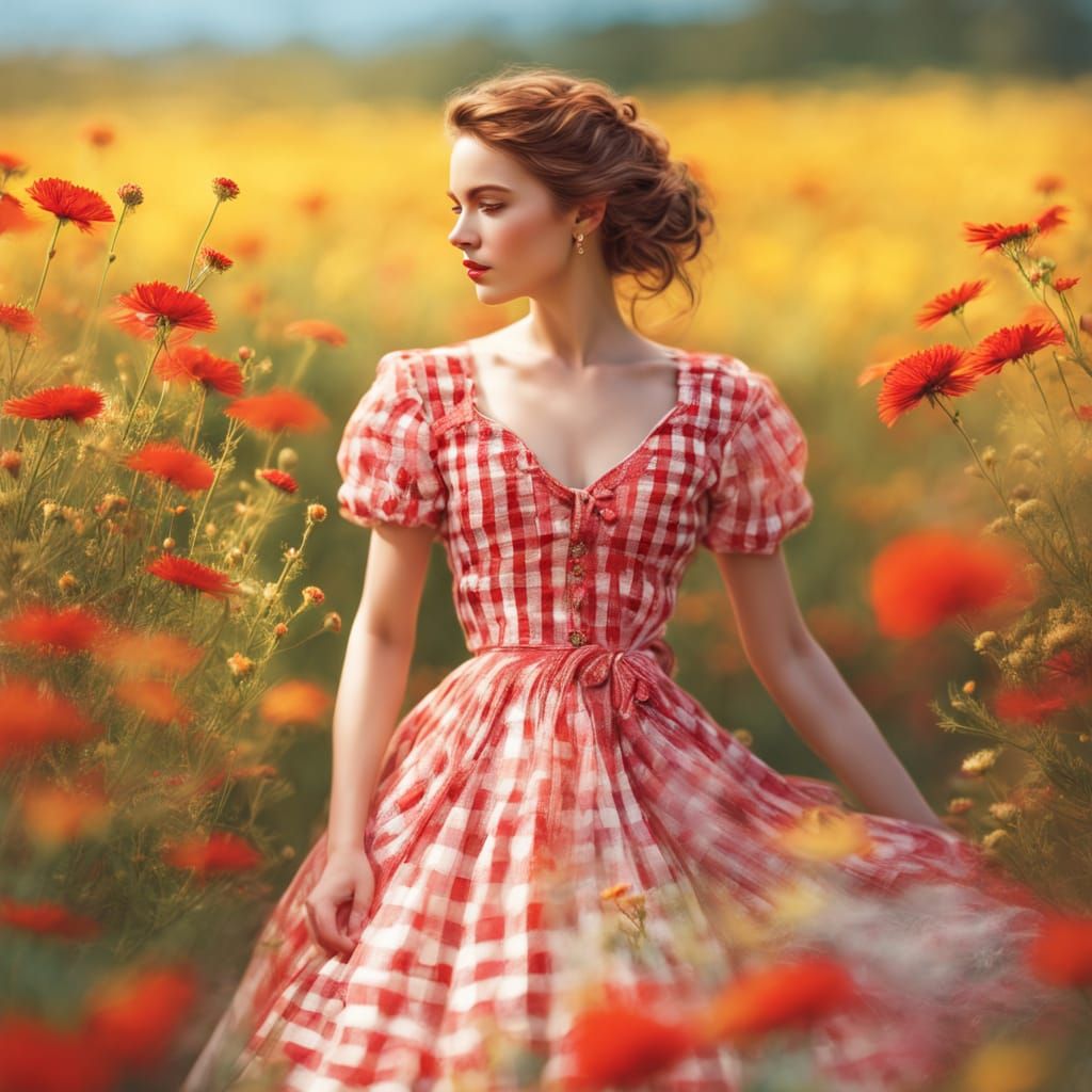 Whimsical Gingham Print Portrait in Folk Art Style