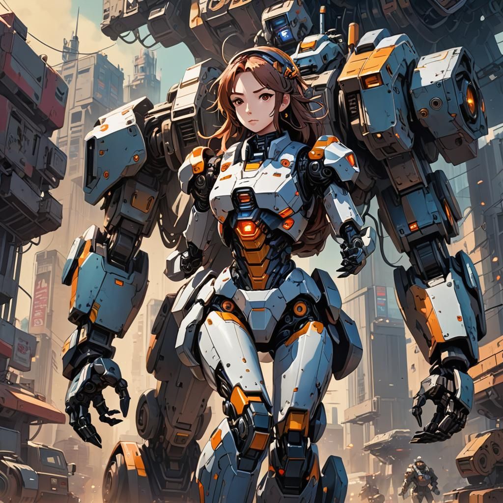 Robot Girl Riding a Mech in Anime Style