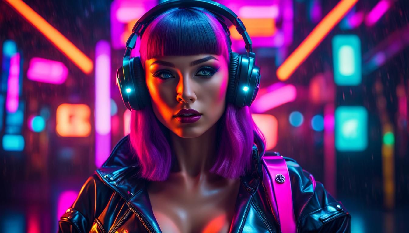 Cyberpunk Girl with Neon Glow in Retro Style