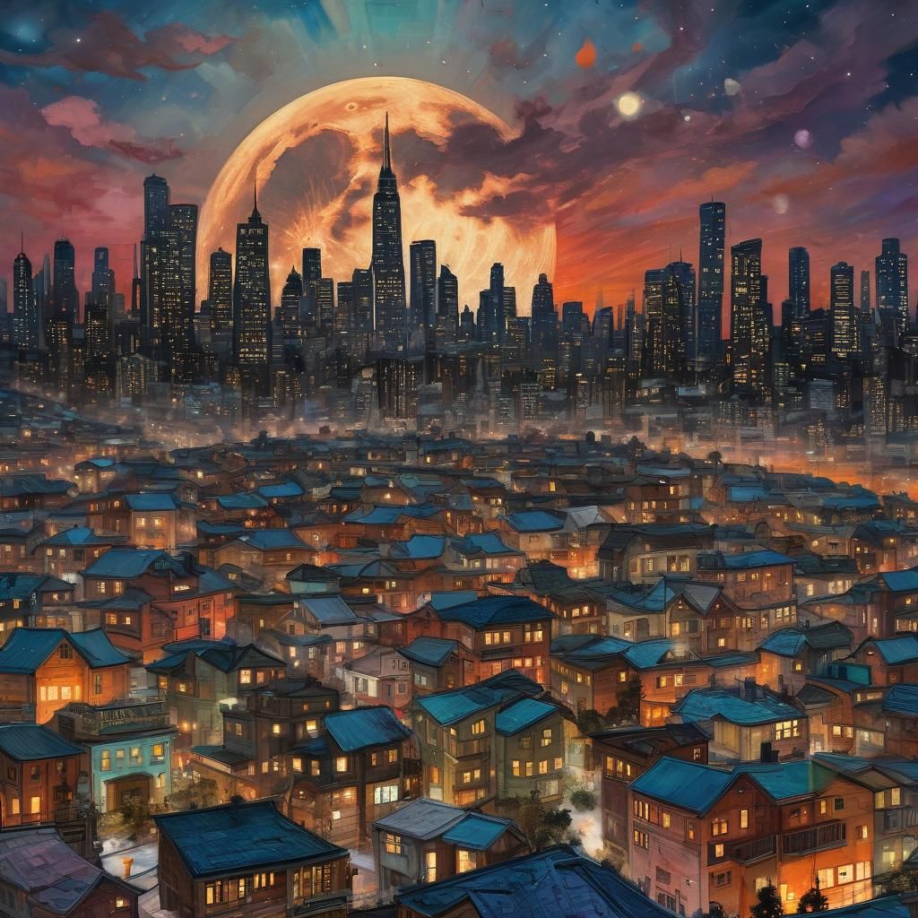 Giant Super Moon Cityscape in Encaustic Style
