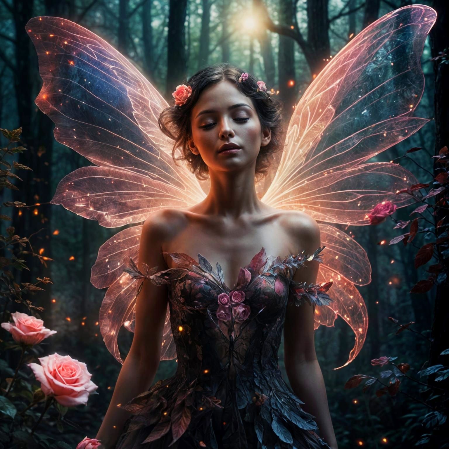 Radiant Fairy Over Rose: Abstract Digital Art