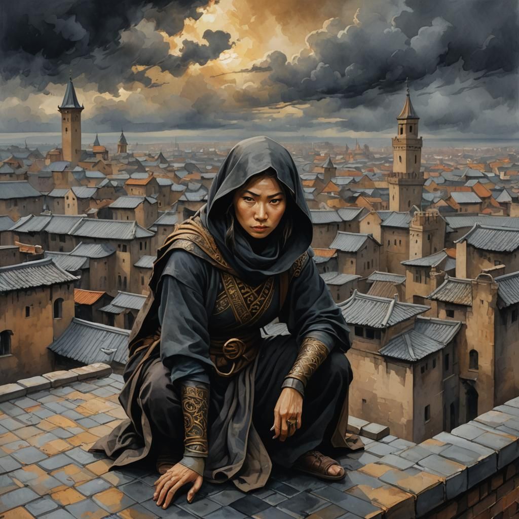 Oriental Thief on Rooftop in Gouache Watercolor Style