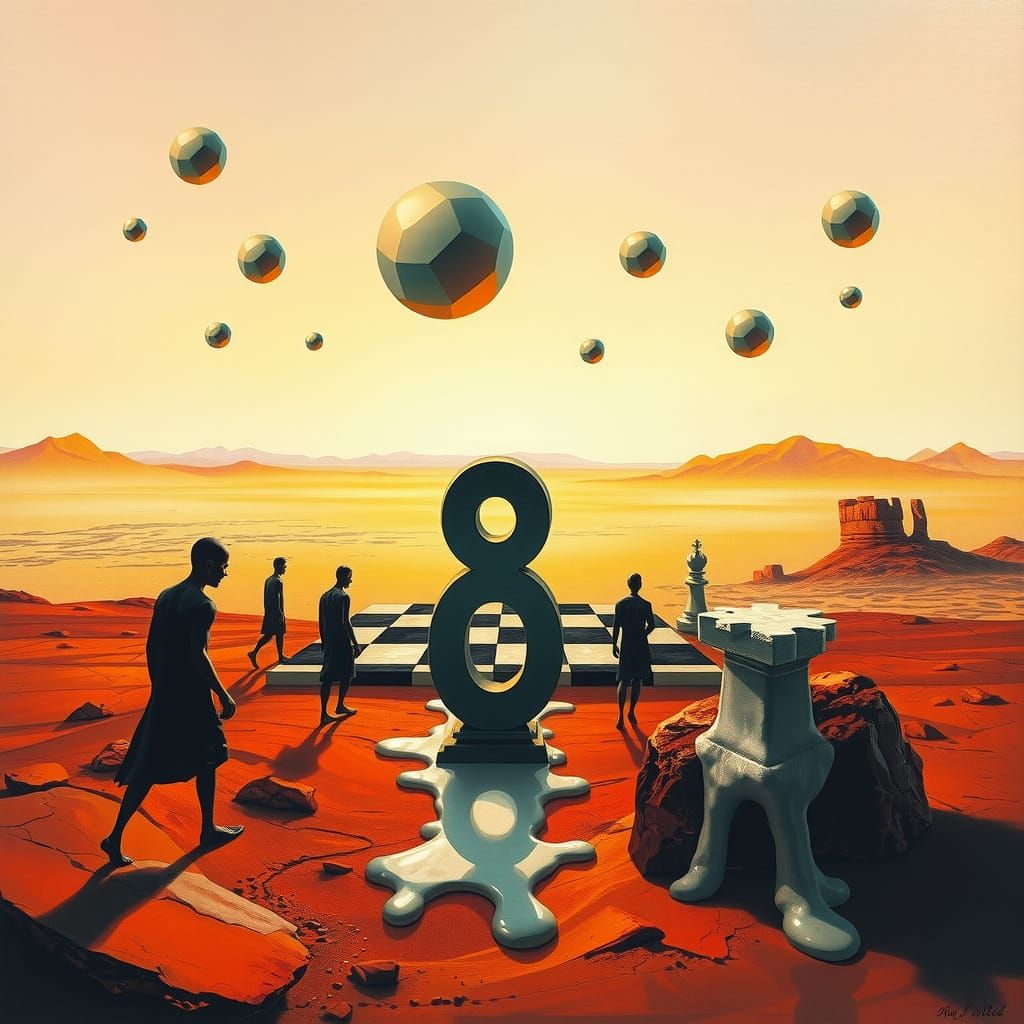 Surreal Desert Dreamscape with Melting 8s and Chessboard Hor...