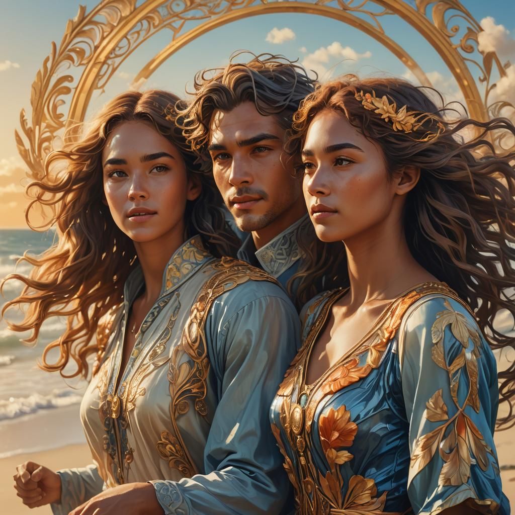 Dreamy Beach Embrace in Art Nouveau Digital Art