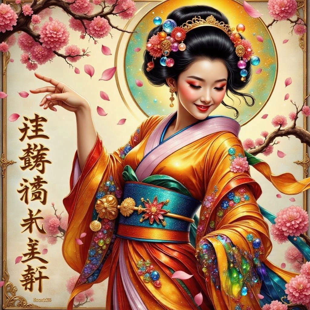 Mid-Century Sci-Fi Geisha Goddess Under Cherry Blossoms