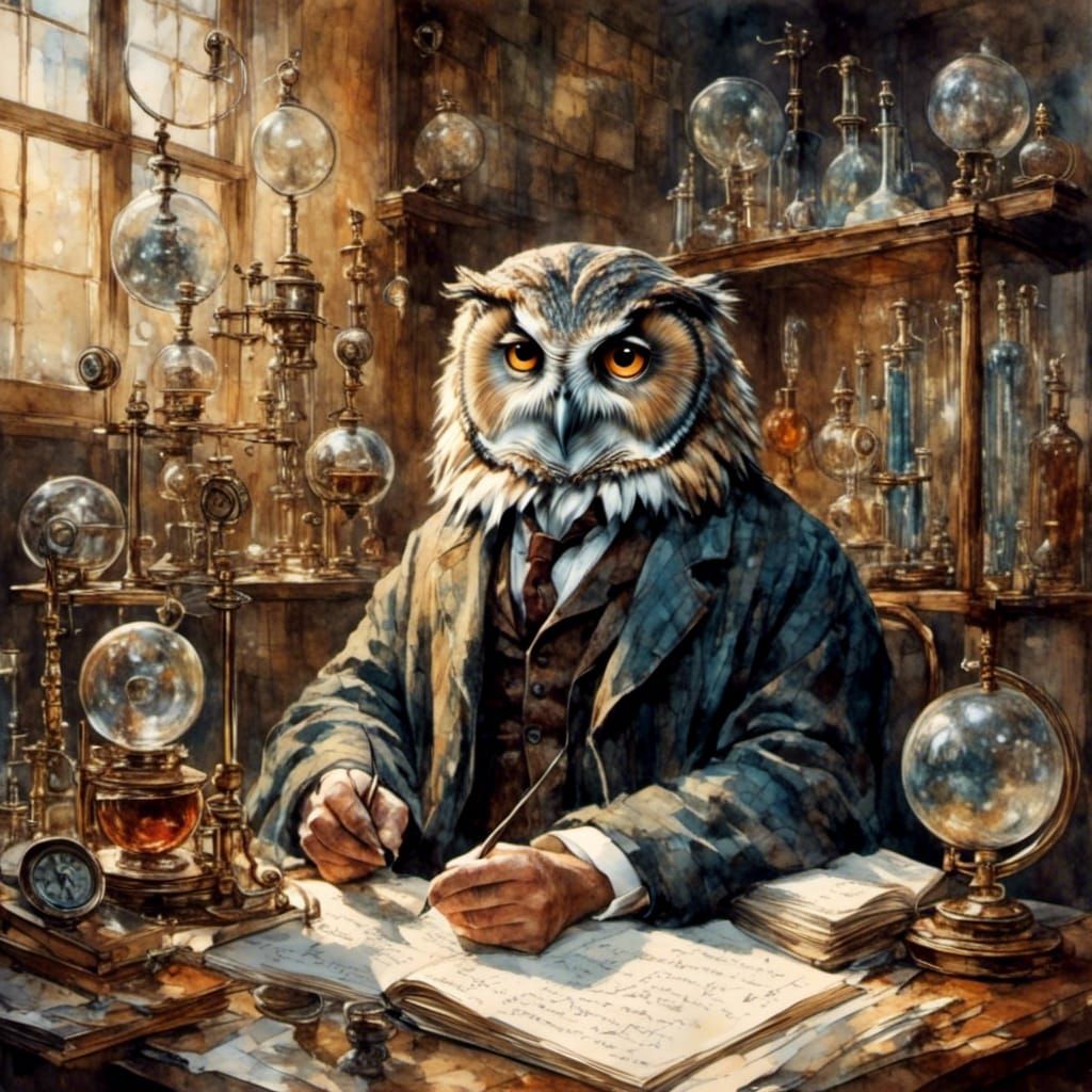 Owl as Einstein in Watercolor Laboratory