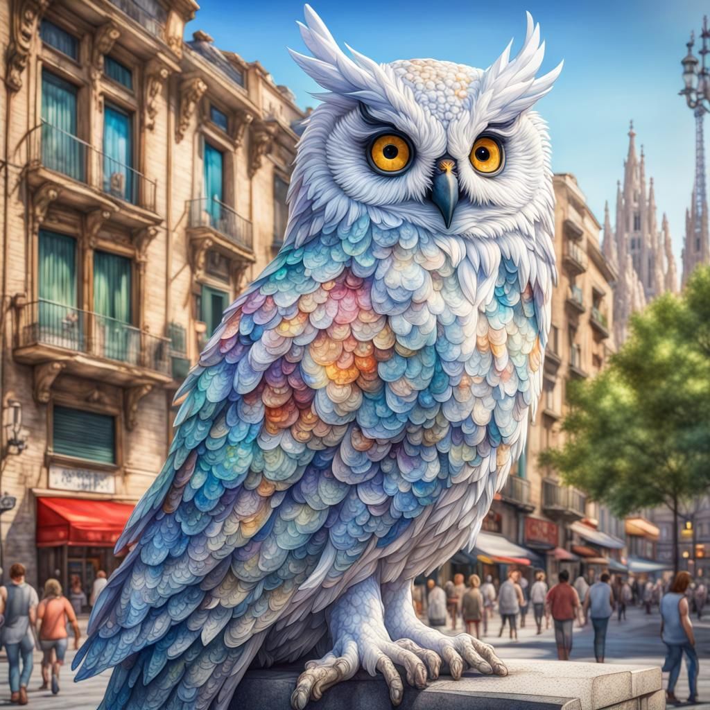 Colorful Owl in Barcelona: Hyperdetailed Watercolor Fantasy
