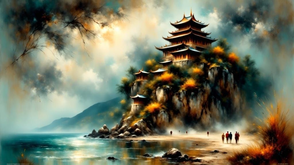 Chinese Temple on Rocky Shoreline Under Stormy Skies