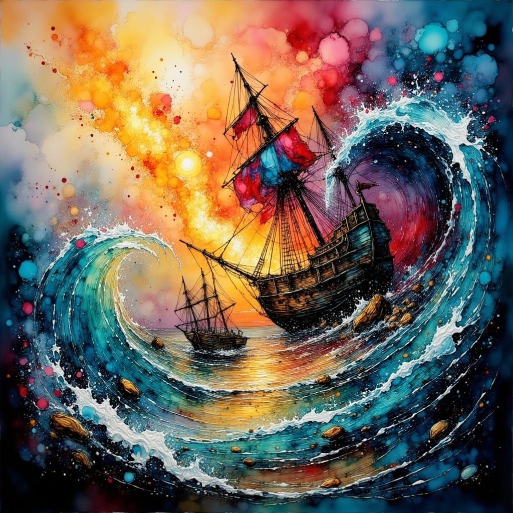 Violent Naval Battle in Abstract Expressionist Style