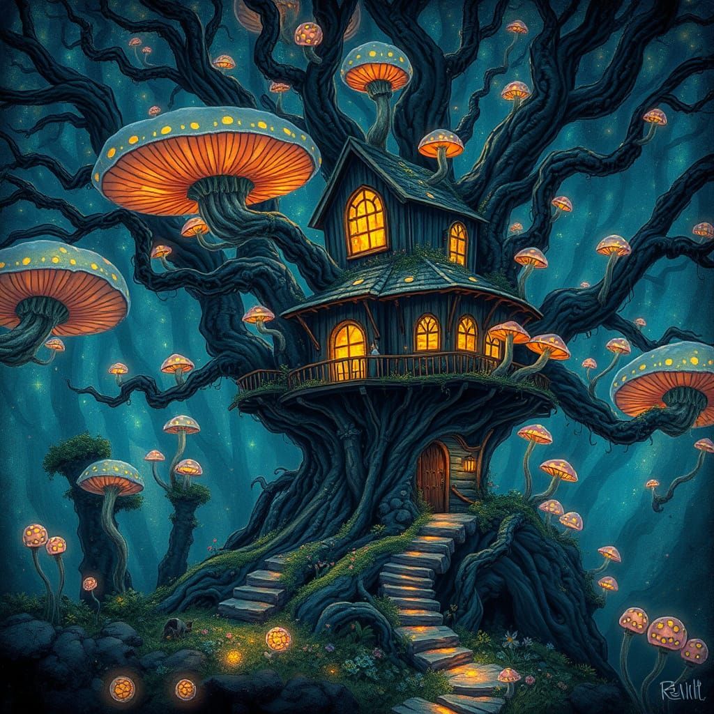 Ancient Treehouse in Bioluminescent Mushroom Forest with Spr...