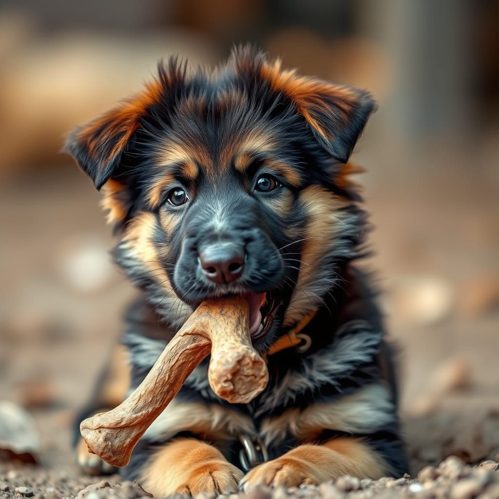 Playful German Shepherd Puppy Chewing a Bone