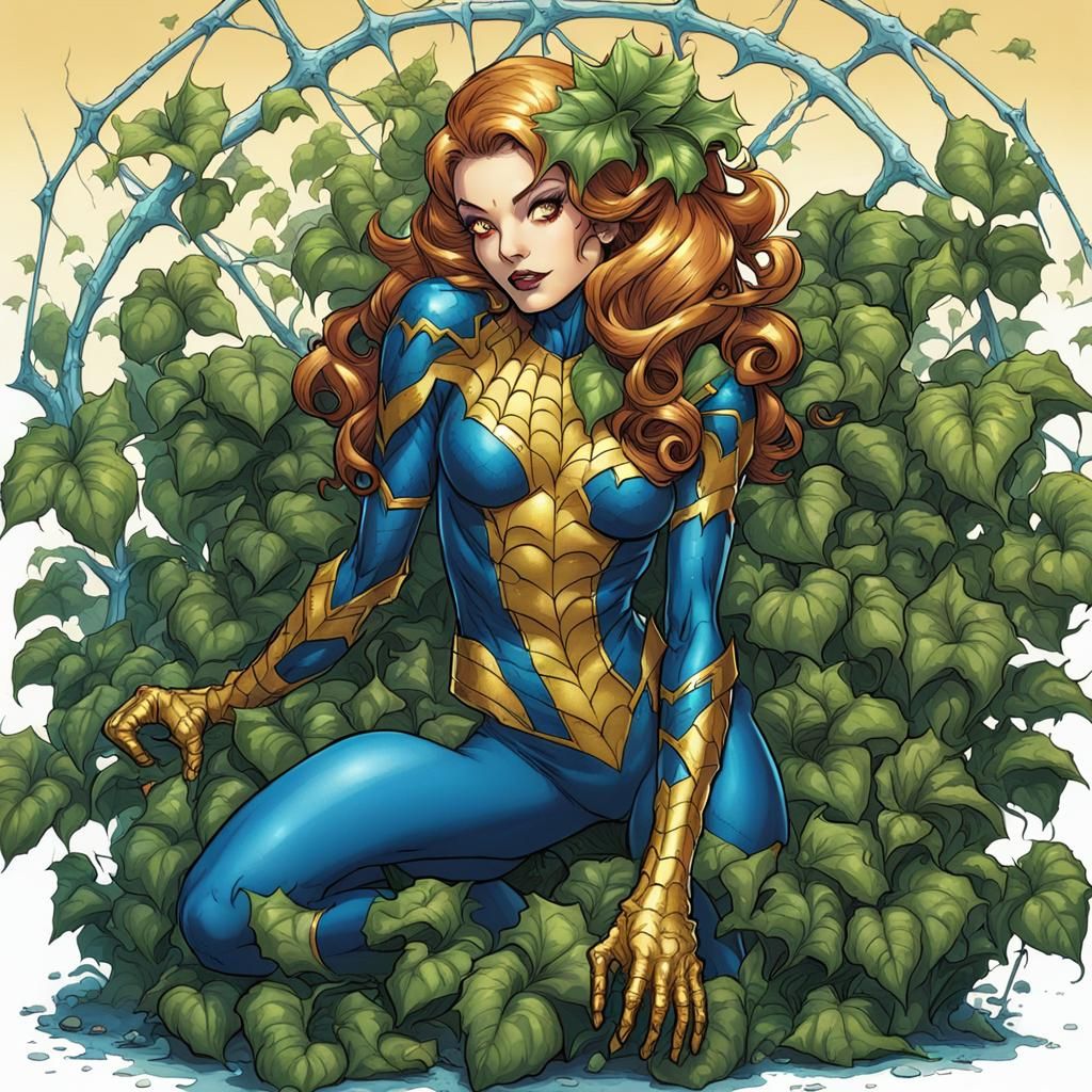 Blue and Gold Spiderweb Poison Ivy Comic Art