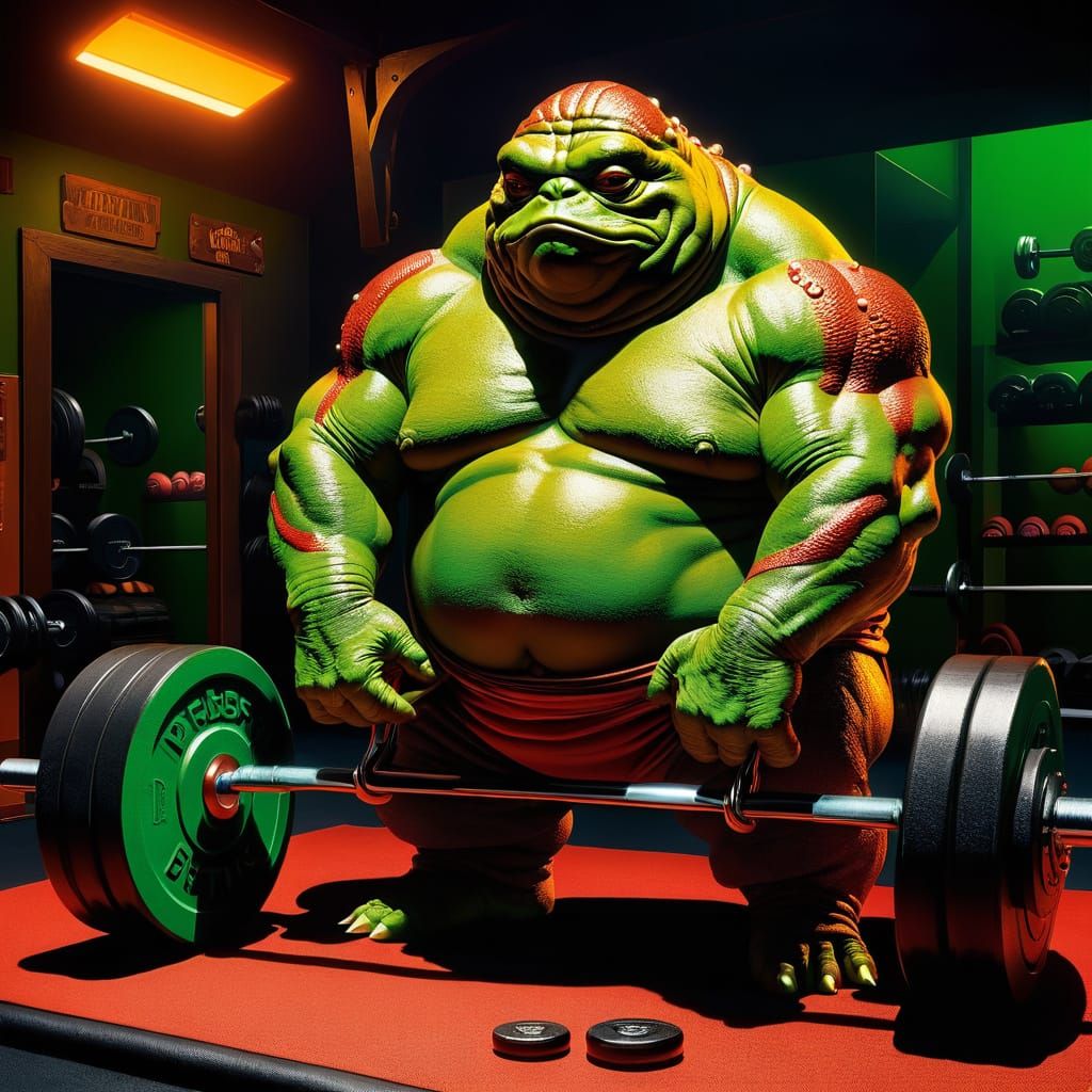 Surreal Fantasy Masterpiece: Jabba Lifting Weights in a Gold...