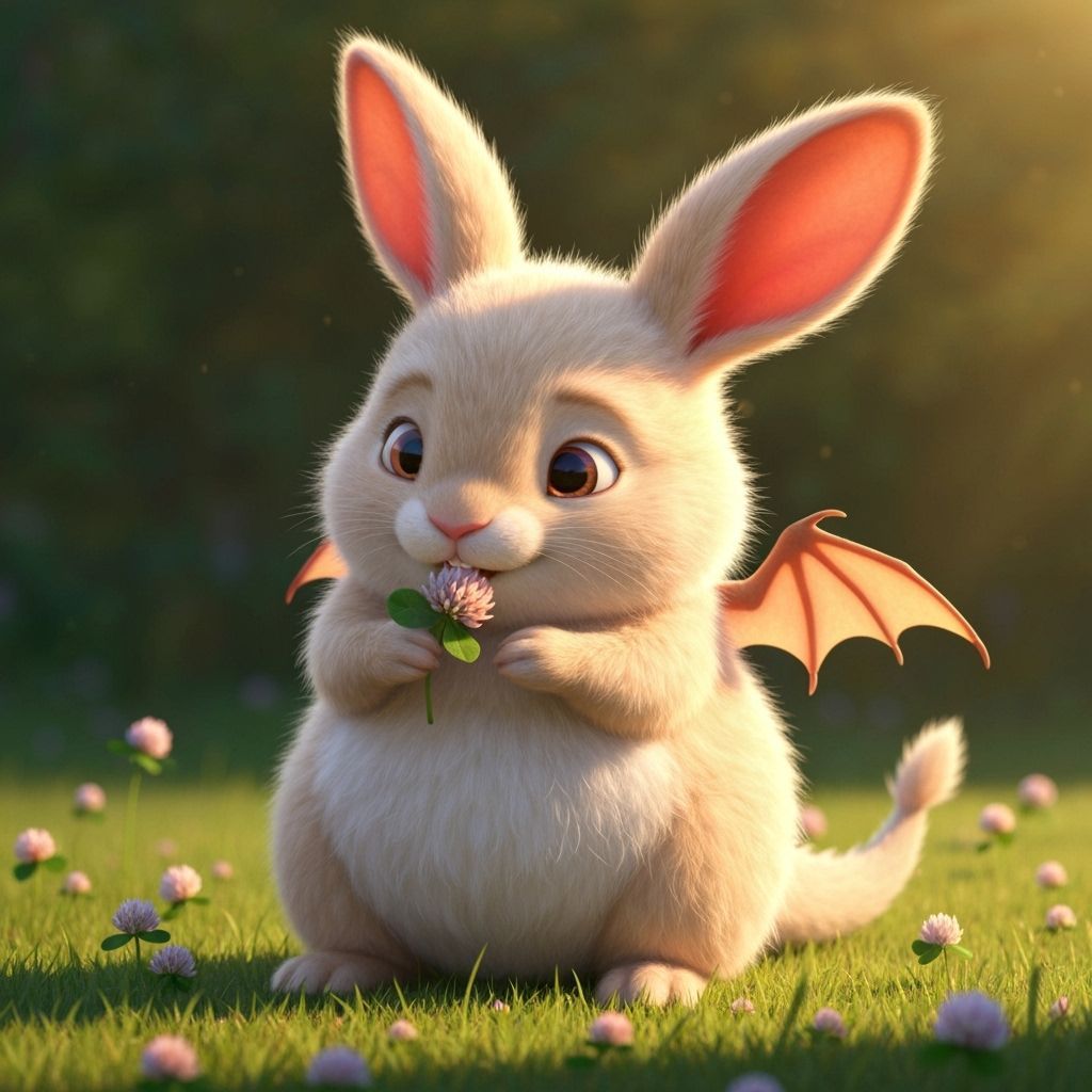 Baby Bunny-Dragon Nibbling Clover in Sunny Meadow