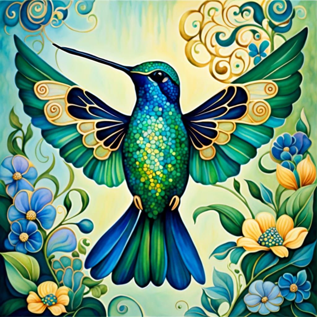 Watercolor Hummingbird in Gustav Klimt-Inspired Patterns