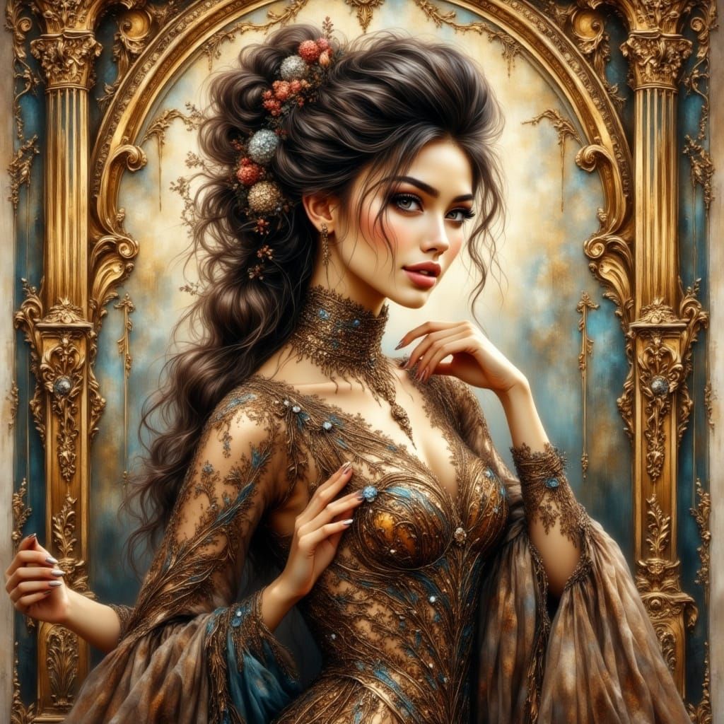 Elegant Woman in Sequined Taupe Gown, Art Nouveau Style