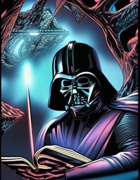 Darth Vader Reads Holographic Text in Comic Book Art
