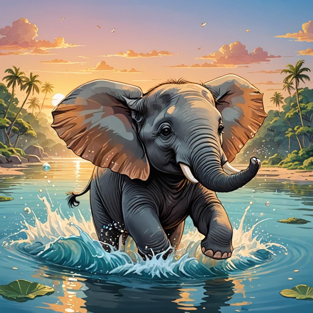 Adorable Kawaii Elephant Playing in Water Illustration