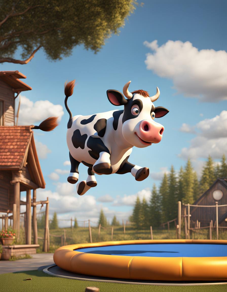 Cartoon Cow's Trampoline Fun in CGI Matte Painting