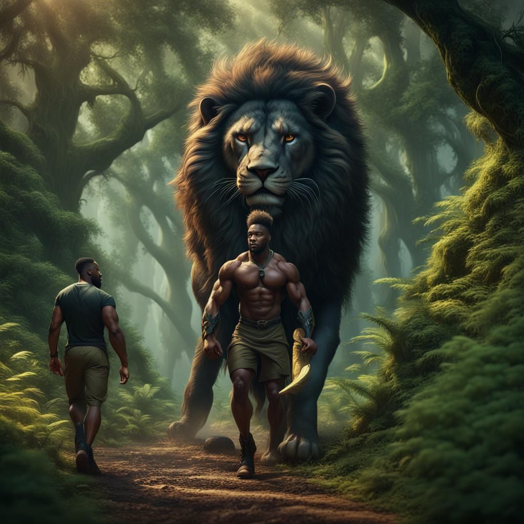 Muscular Man and Lion in Lush Forest