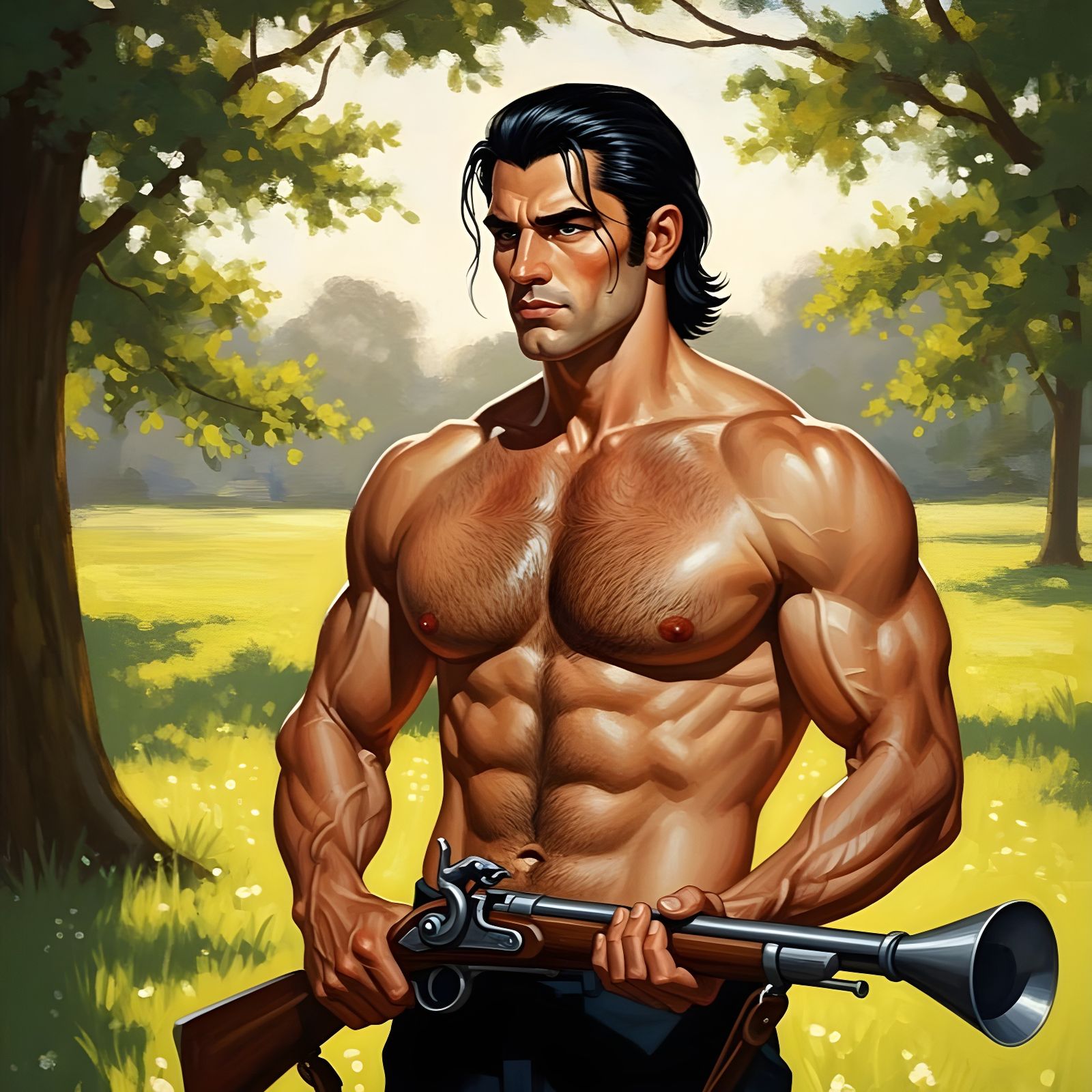 Muscular Gaston with Rifle in Sunlit Meadow