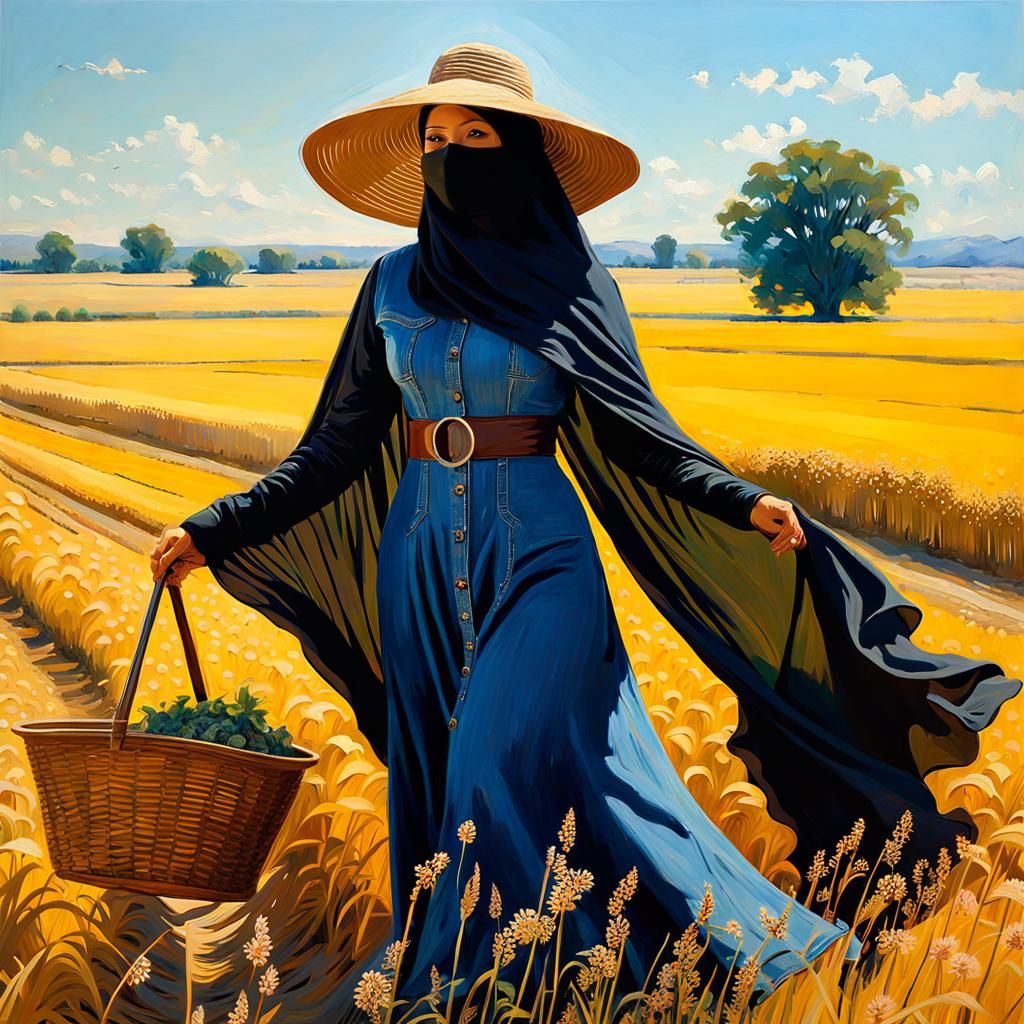 Curvy Woman in Niqab Working in Field, Oil Painting