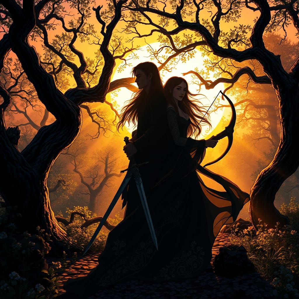 Beren and Luthien in Mystical Forest at Sunset