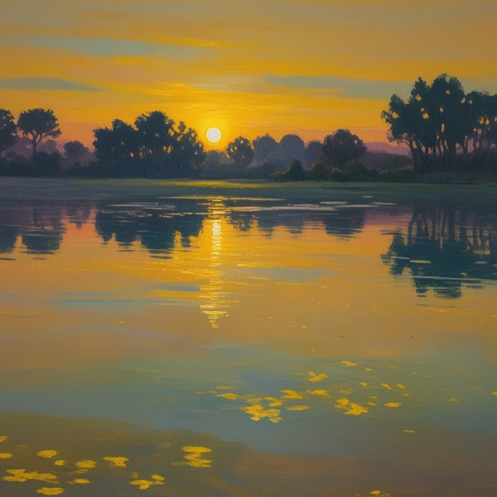 Twilight Pond Impressionist Oil Painting with Yellow Stars