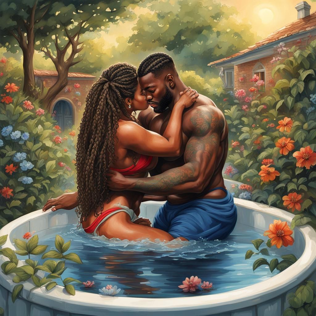 Couple Bathing Together in Garden Jacuzzi