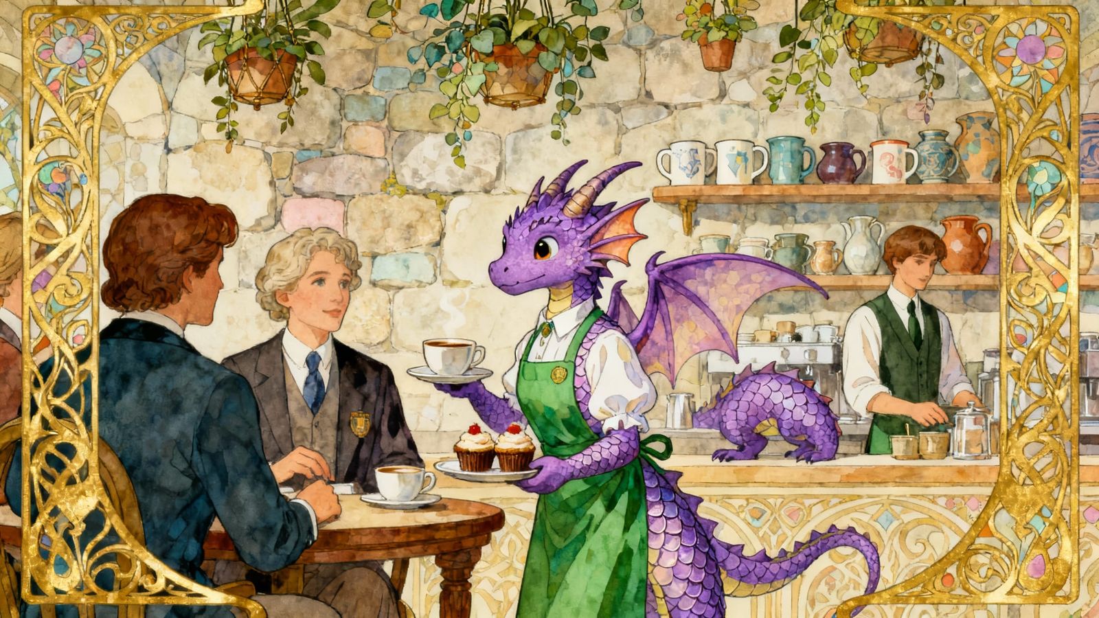 Cute Purple Dragons as Waitstaff in a Fantasy Cafe
