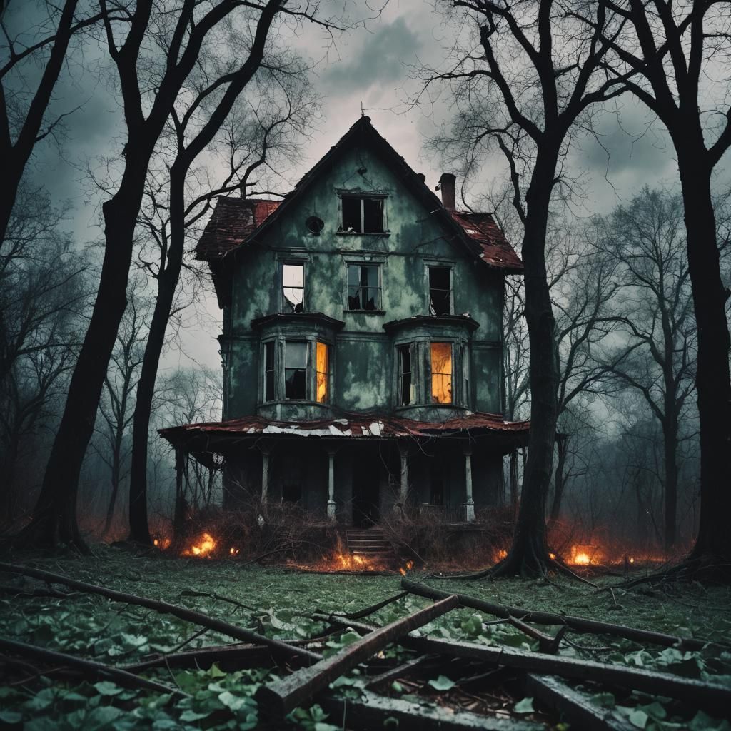 Ominous Old House in Forest During Thunderstorm