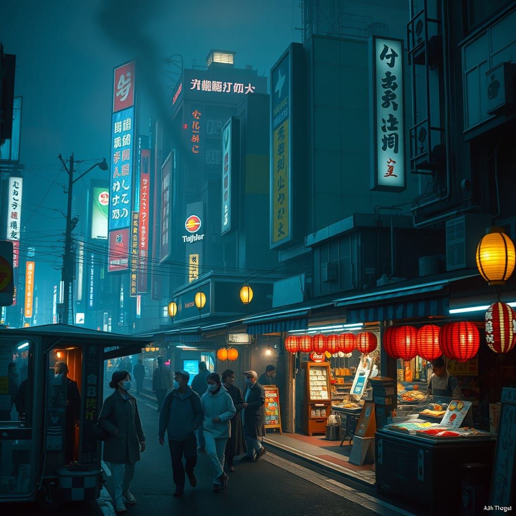 Ethereal Tokyo Nightscape: Glowing Market Structures