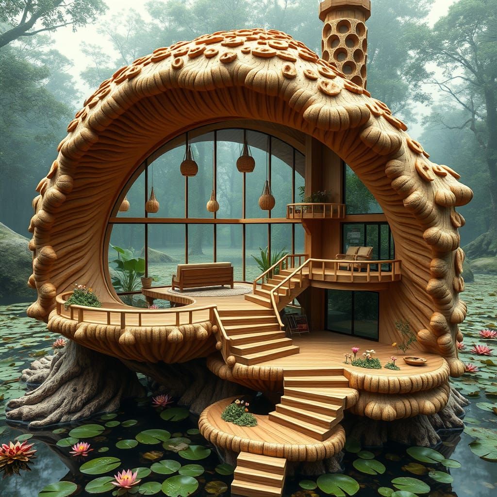 Whimsical Wooden Mushroom House Overlooking Lush Waterfront