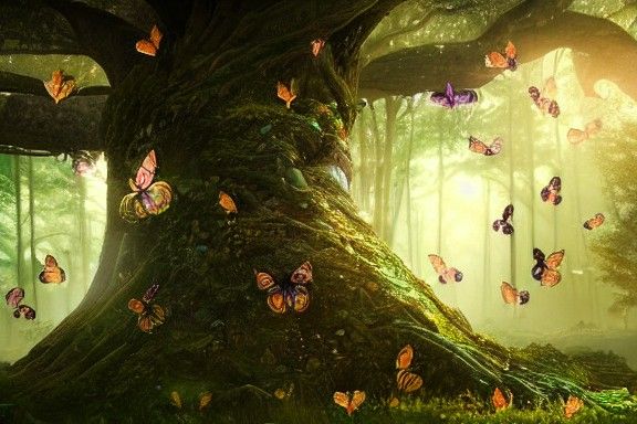 Goddess in Butterfly Tree Forest: Detailed Matte Painting