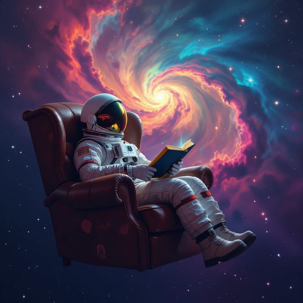 Astronaut Reading in Space Nebula Dreamscape