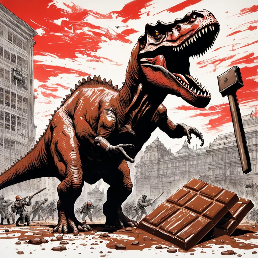 Dinosaur Versus Chocolate Bar in Graphite Art Style