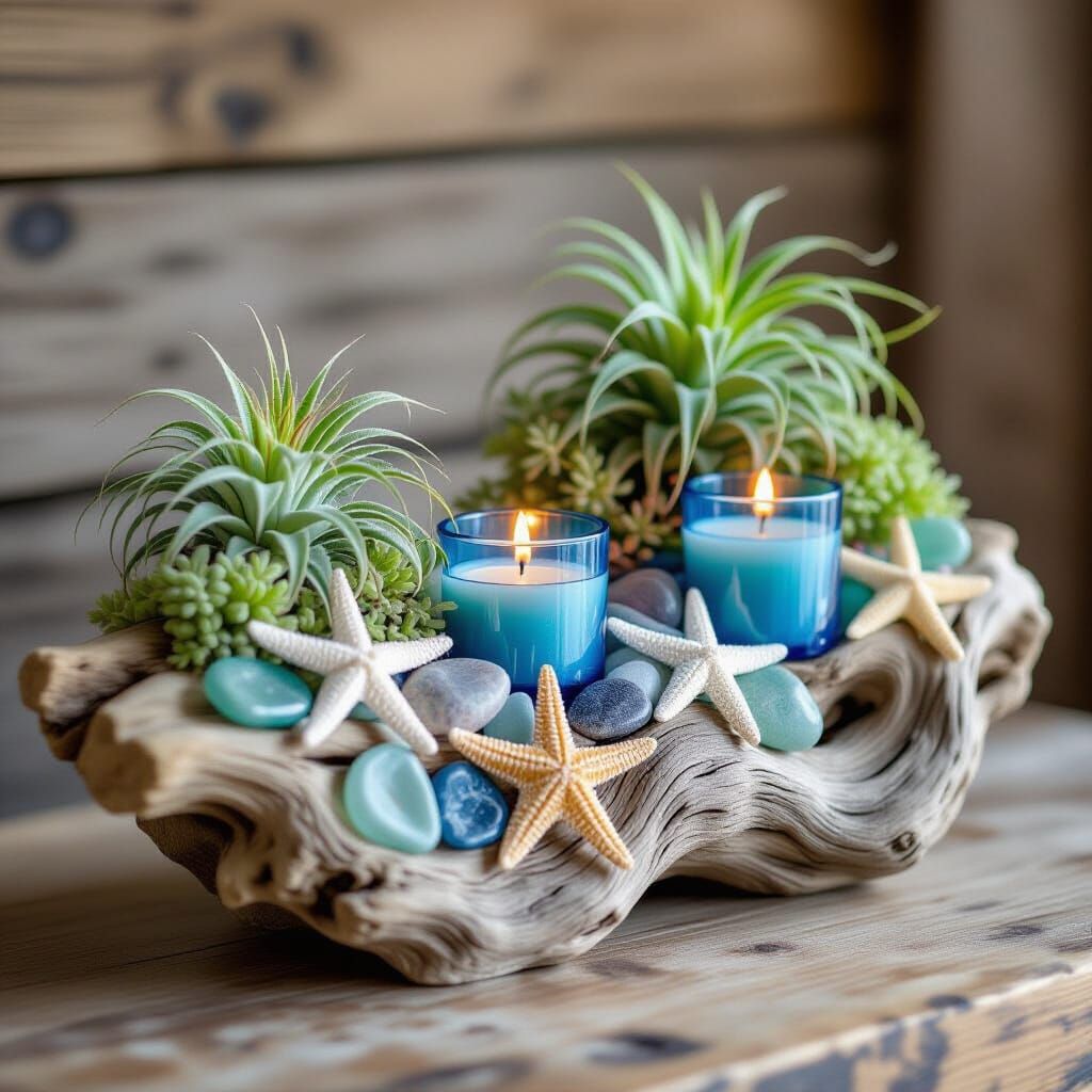 Oceanic Driftwood Sculpture with Air Plants and Sea Glass