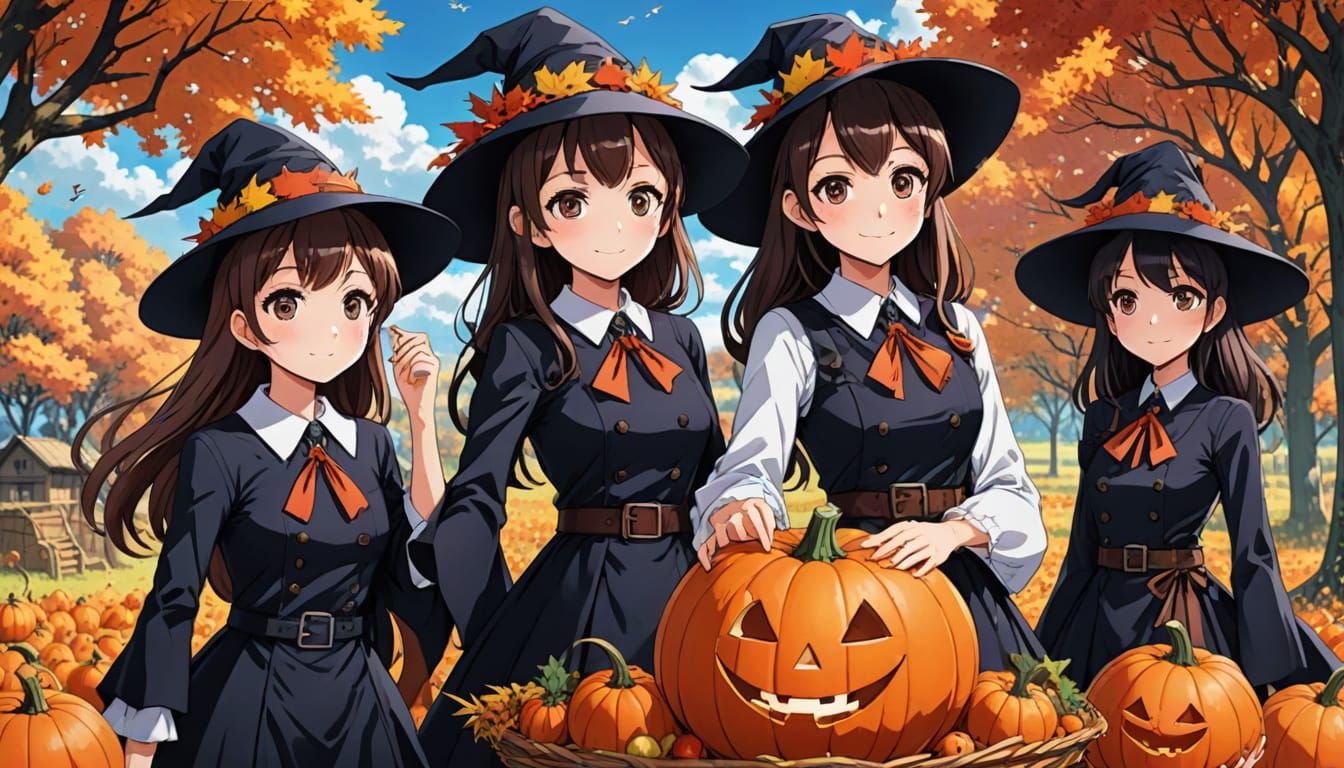 Anime Style Autumn Harvest Celebration with Audrey and Witch...