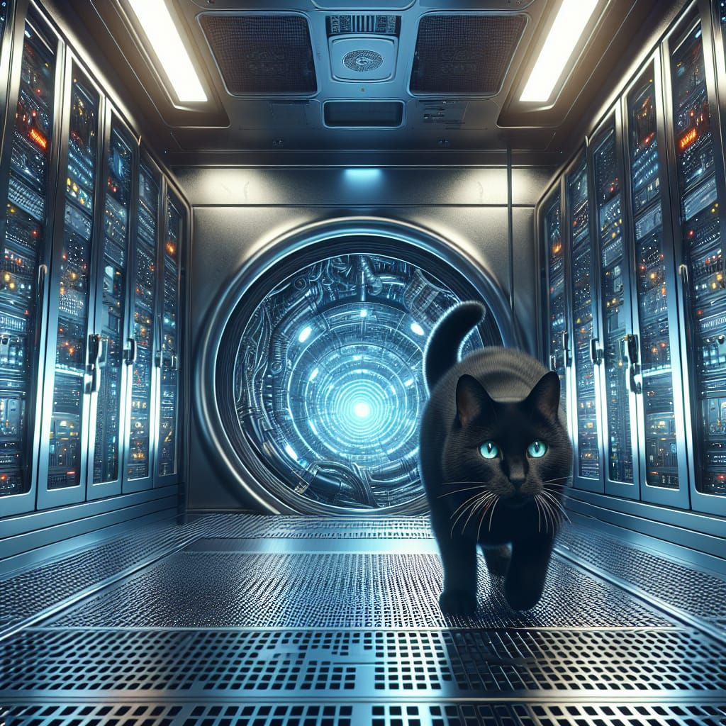 Futuristic Cat Navigating a Gleaming Tunnel
