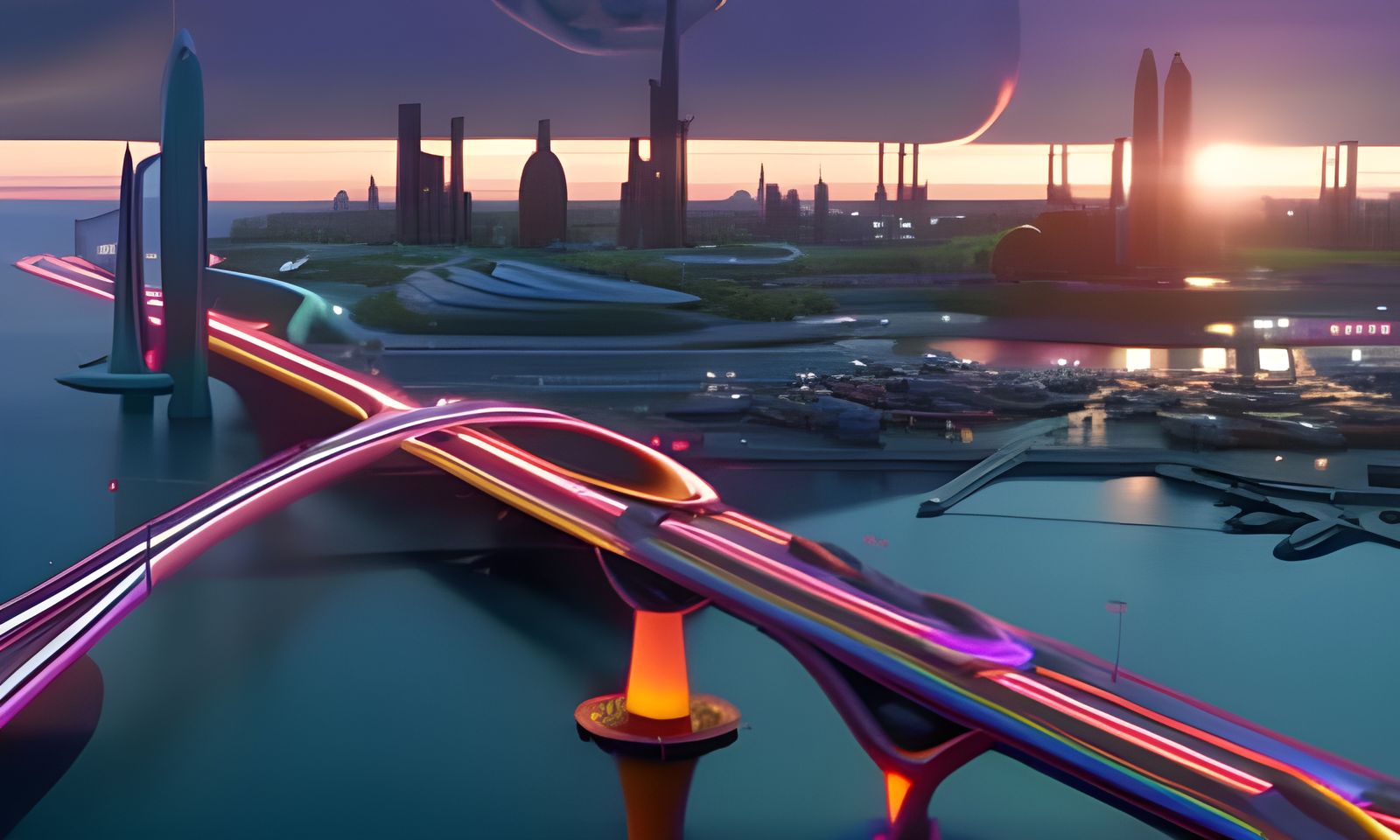 Futuristic Seaport City at Sunrise in Cyberpunk Style
