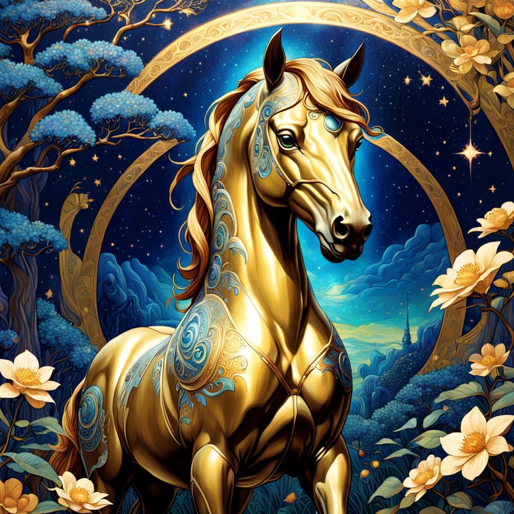 Metal Horse in Ethereal Art Nouveau Garden