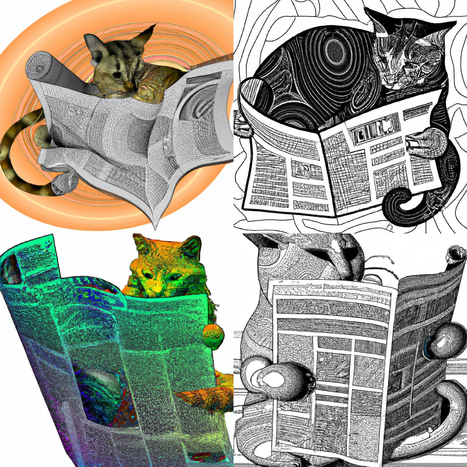 Cat Reading Newspaper with Abstract Fractal Design