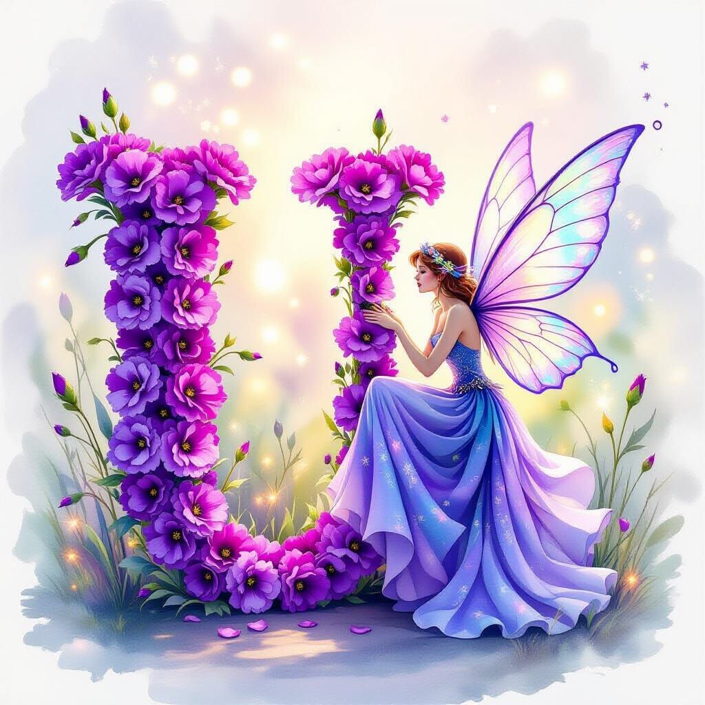 Ethereal Fairy Beside Purple Carnation Letter U in Watercolo...