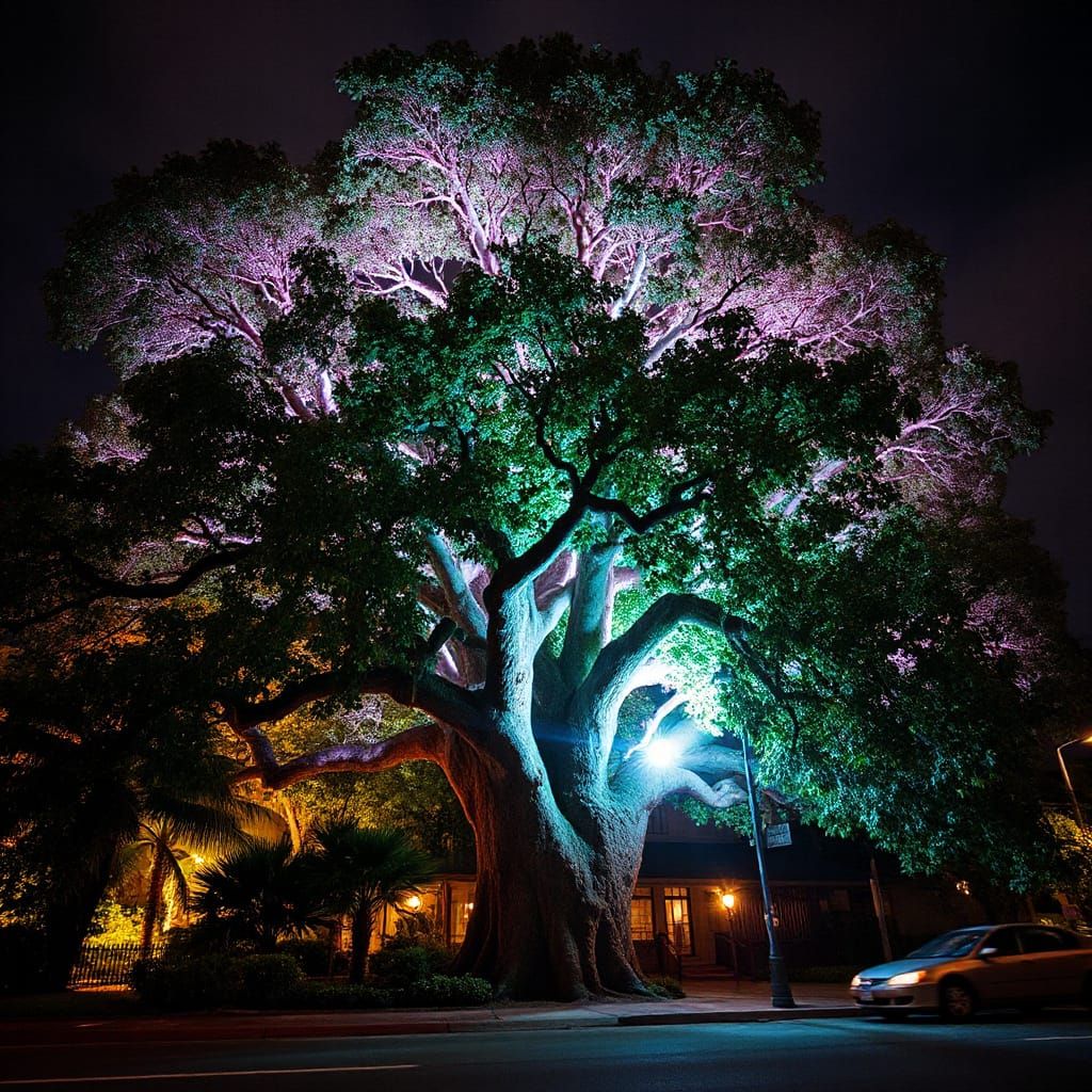 Surreal Banyan Tree Radiates Ethereal Light Under Hawaiian N...