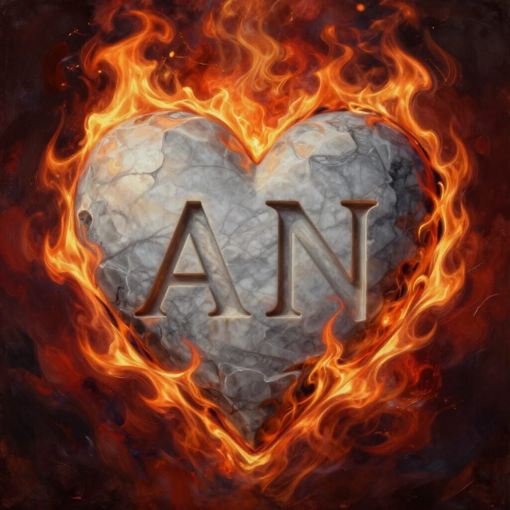 Marble Heart with Letters A and N Ablaze