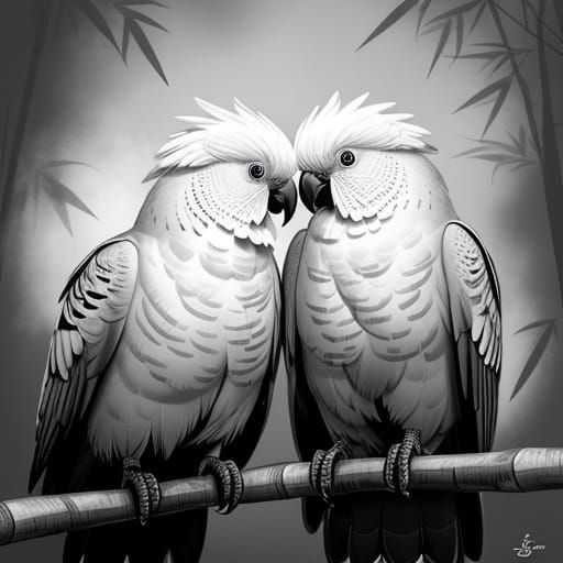 Ink Wash Painting of a Cockatoo in Bamboo Forest