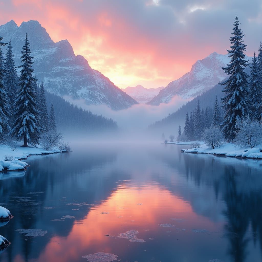 Crystal Lake at Dawn: Snowy Mountains in Alpenglow