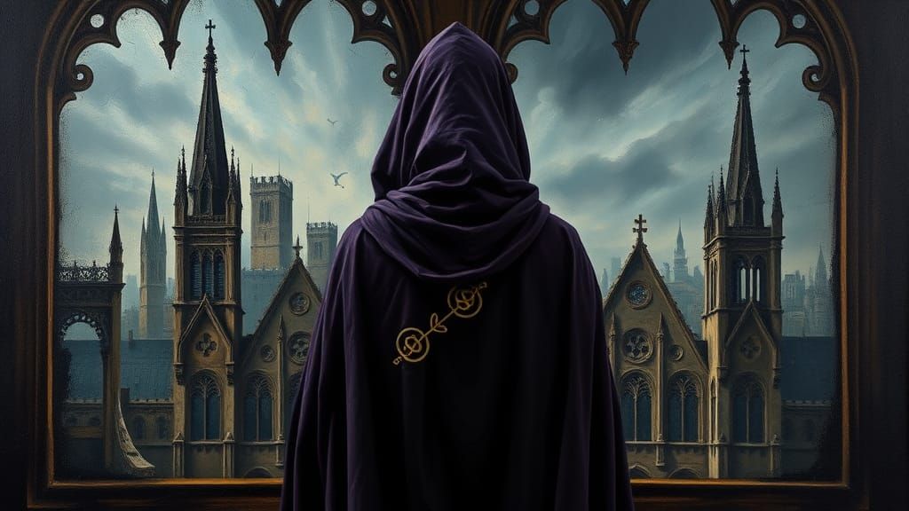 Hooded Figure Gazing Over Dystopian Cityscape as Impasto Pai...